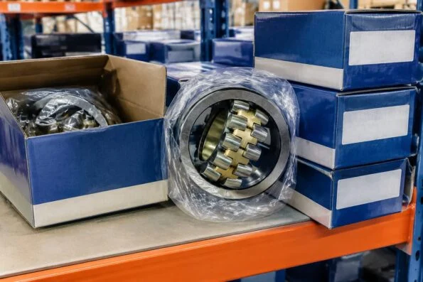 Boxed FAG spherical roller bearings in original packaging on a warehouse shelf