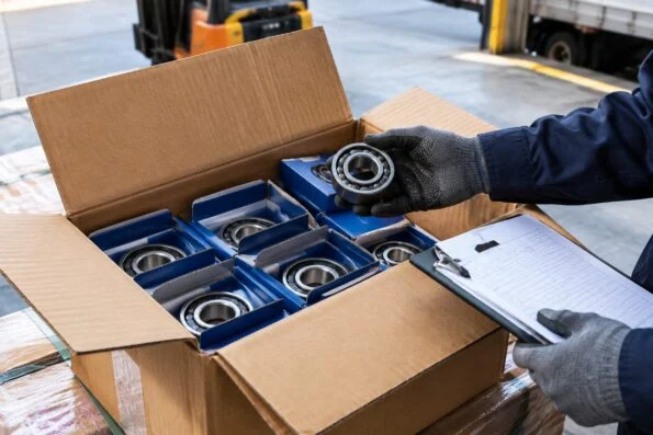 Opened shipping carton with boxed bearings being checked on a loading dock