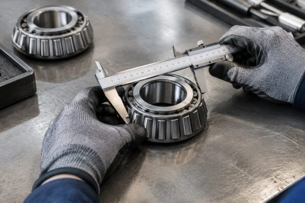 Technician measuring a tapered roller bearing with a caliper on a workbench