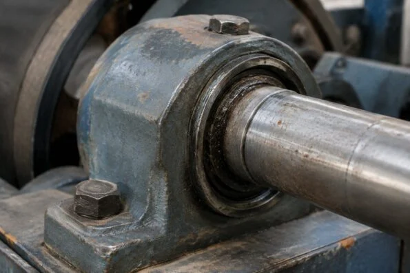 Close-up of a worn industrial bearing housing on a heavy machine shaft