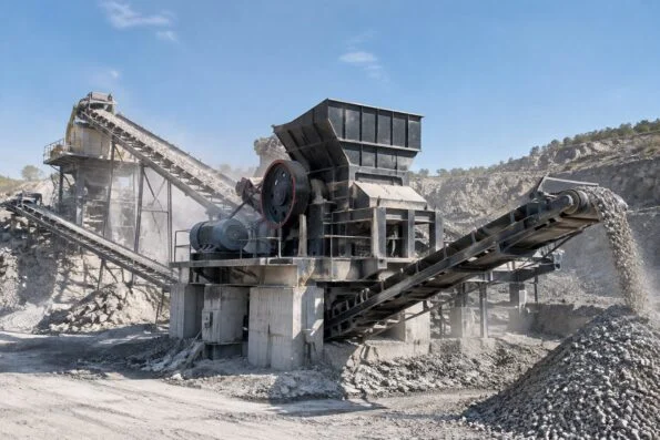 Heavy crusher and conveyor running at a dusty quarry site