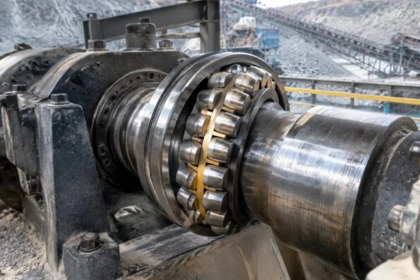 Spherical roller bearing seated on a crusher main shaft in a quarry workshop