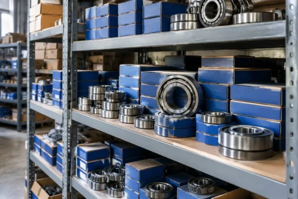 Boxed roller bearings stacked on shelves in a mine maintenance store