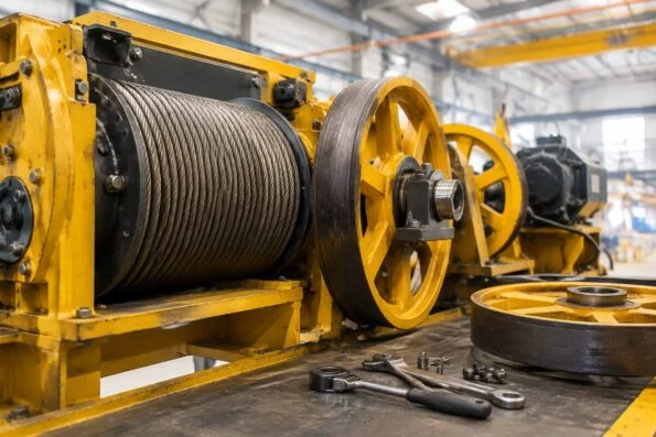 Crane hoist drum and wheel assembly being serviced