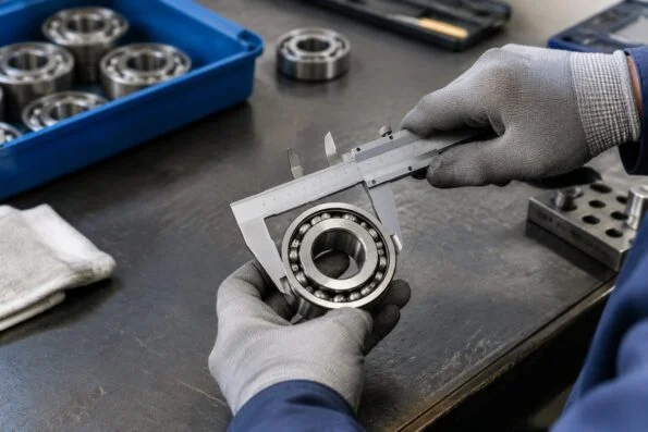 Engineer measuring a roller bearing with a caliper at a workbench