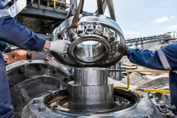 Maintenance crew lifting a large spherical roller bearing onto a crusher shaft during a heavy machinery overhaul