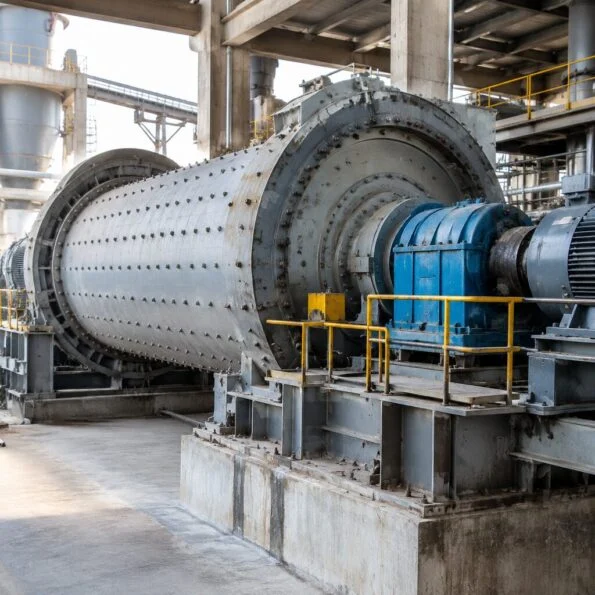 Rotating ball mill drum and drive train inside a cement plant
