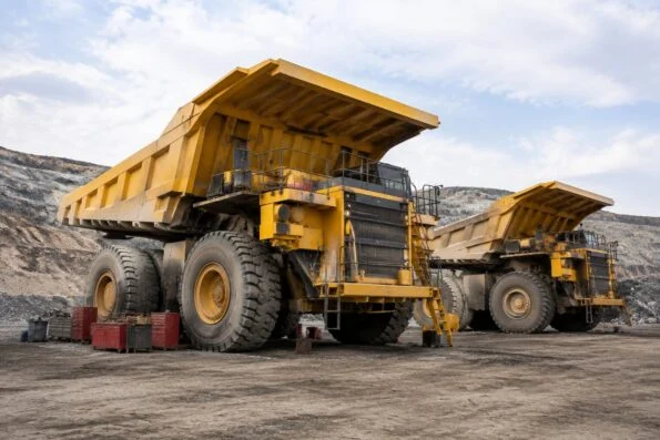 Mining haul equipment parked at an open-pit mine during scheduled maintenance