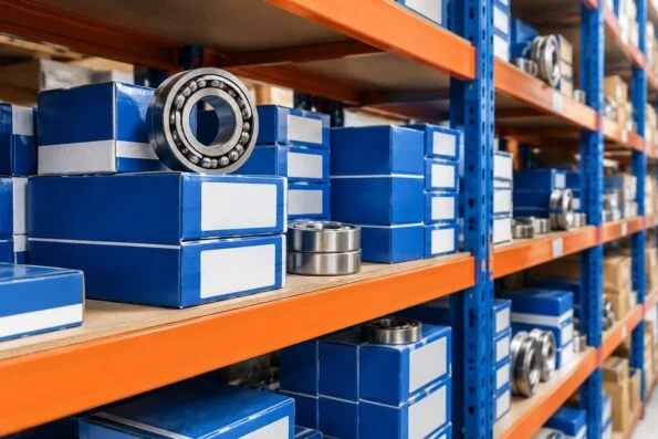 Boxed industrial bearings stacked on warehouse shelving