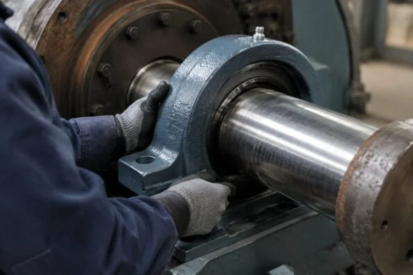 Technician fitting a bearing housing on a heavy equipment shaft