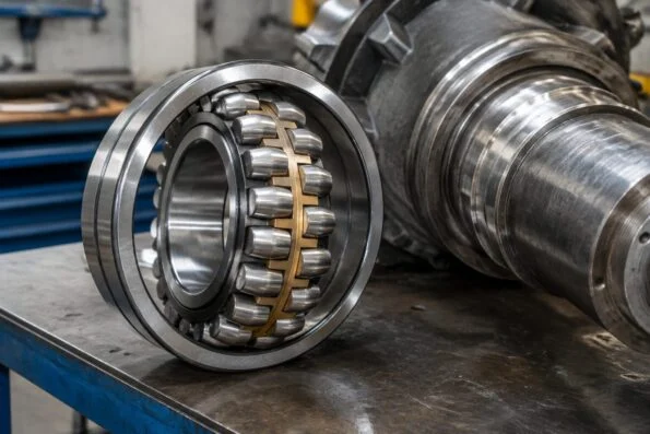 Large spherical roller bearing resting on a workbench beside a crusher shaft during an overhaul