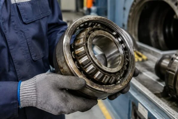 Engineer holding a used FAG roller bearing removed from a mill drive