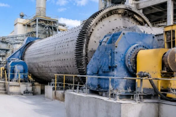 Cement plant ball mill drive with large bearing housings