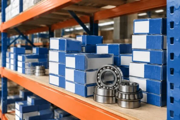 Boxed industrial bearings stacked on warehouse shelving