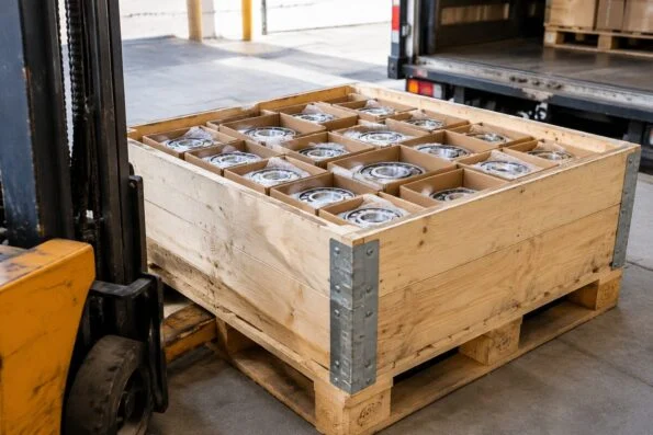 Wooden crate of boxed bearings being loaded onto a pallet at a dispatch dock
