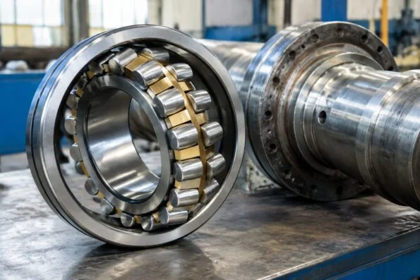 Large spherical roller bearing resting on a workbench beside a heavy machinery shaft