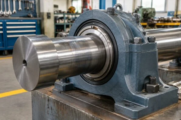 Large diameter steel shaft fitted with a bearing housing in a maintenance workshop